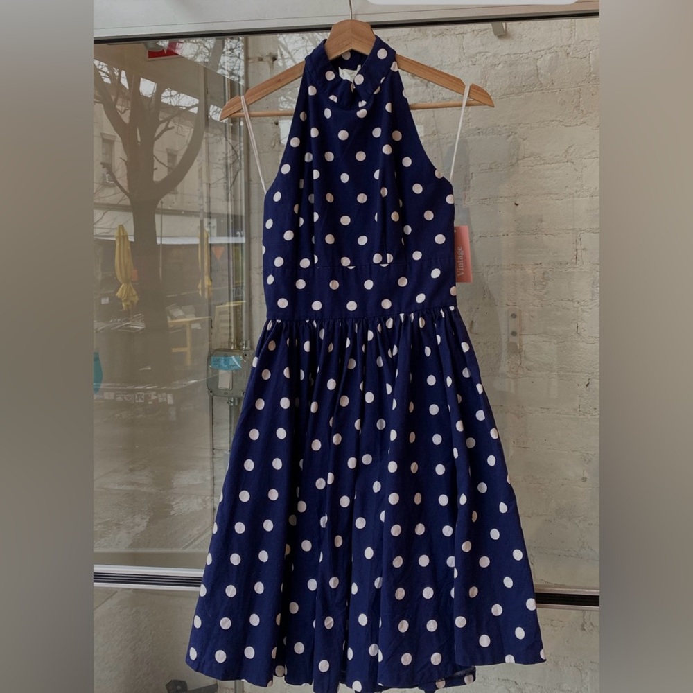Vintage Jennifer Jeffries Navy & White Polka Dot Halter Dress